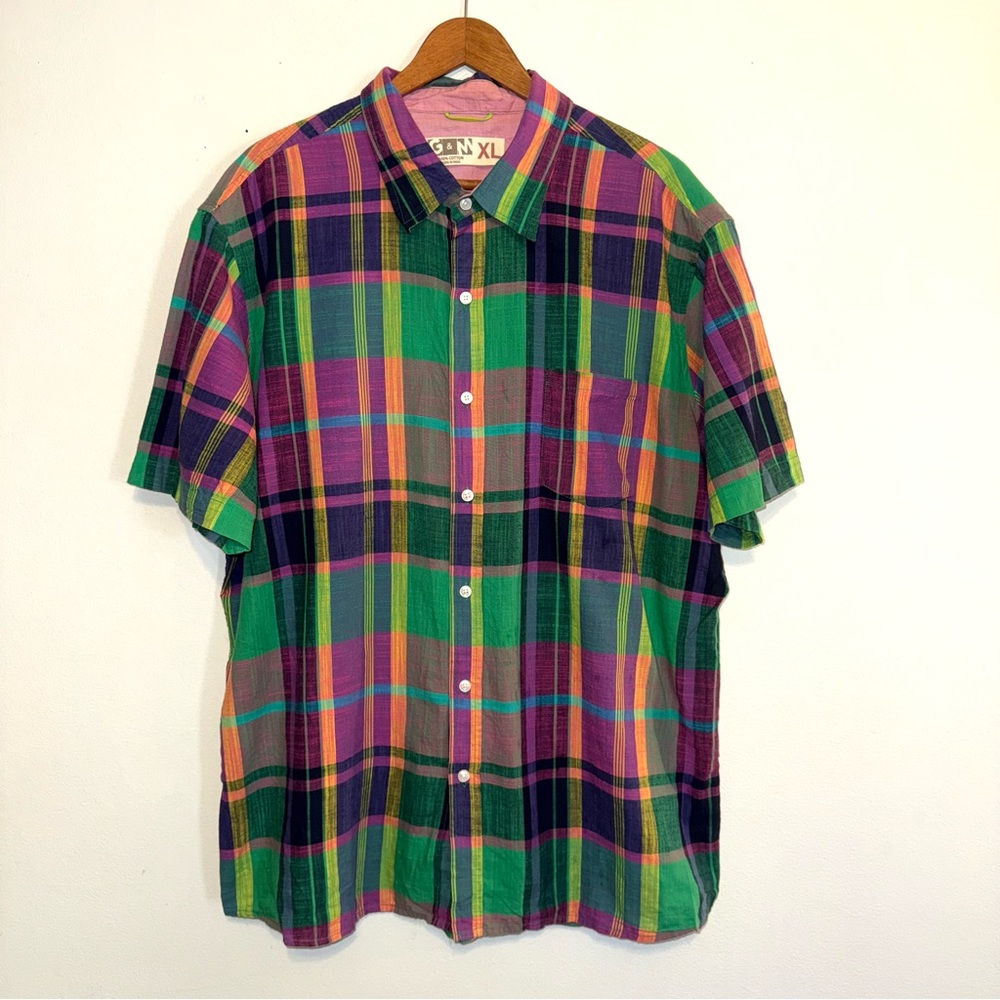 Colorful Plaid Short Sleeves Button Up Multicolor Cotton Lightweight Size XL